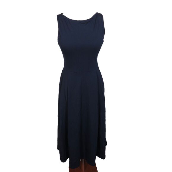 OGL Ponte-De-Roma Boatneck Bamboo Blend Brami Midi Dress with Pockets Navy SMALL - Picture 9 of 13